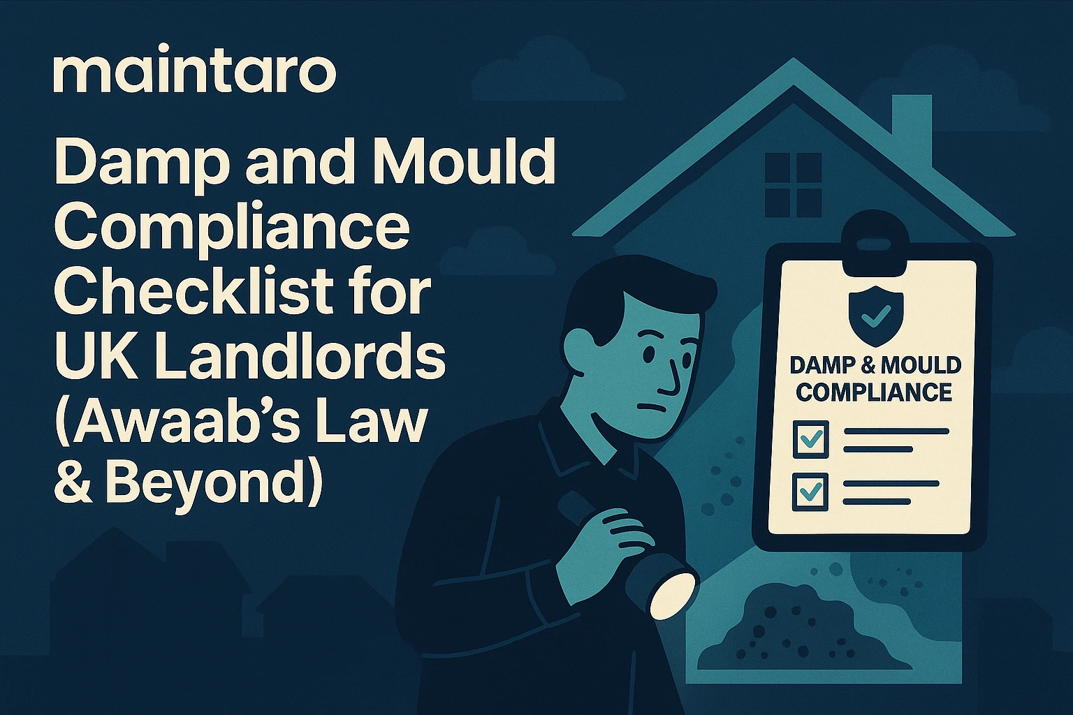 Illustration of a landlord inspecting a damp, mouldy wall with a checklist and tenant nearby, highlighting compliance duties
