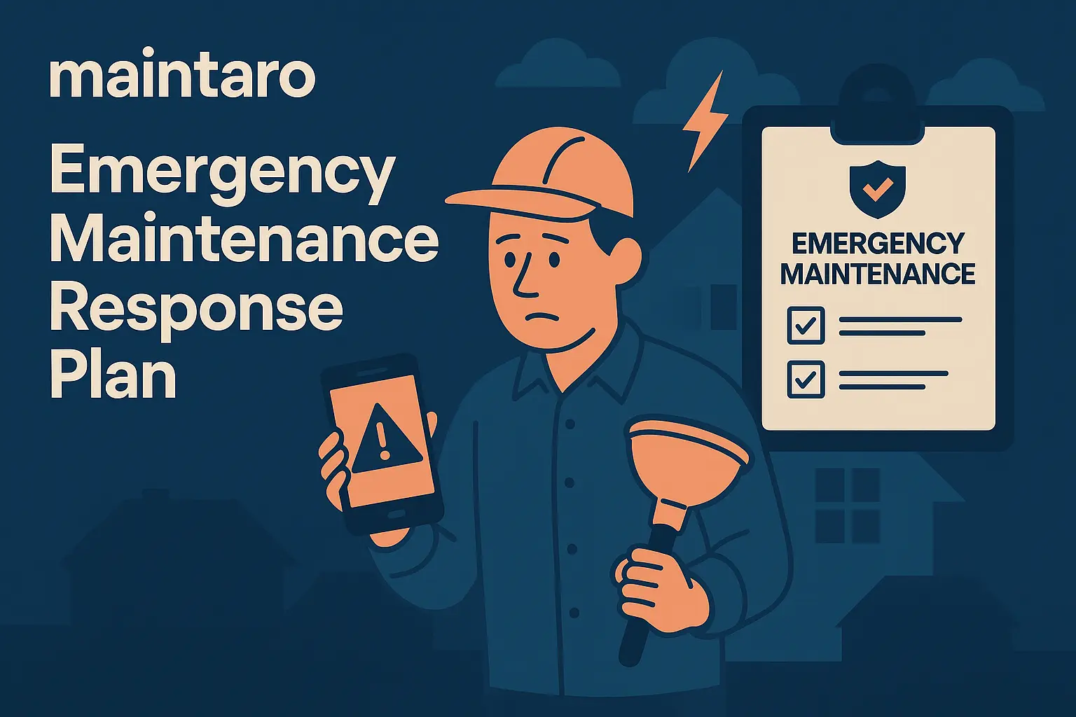 Maintaro hero illustration for UK landlords about creating an emergency maintenance response plan, with a worried landlord holding a phone alert and plunger in front of a rental property and emergency repairs checklist.