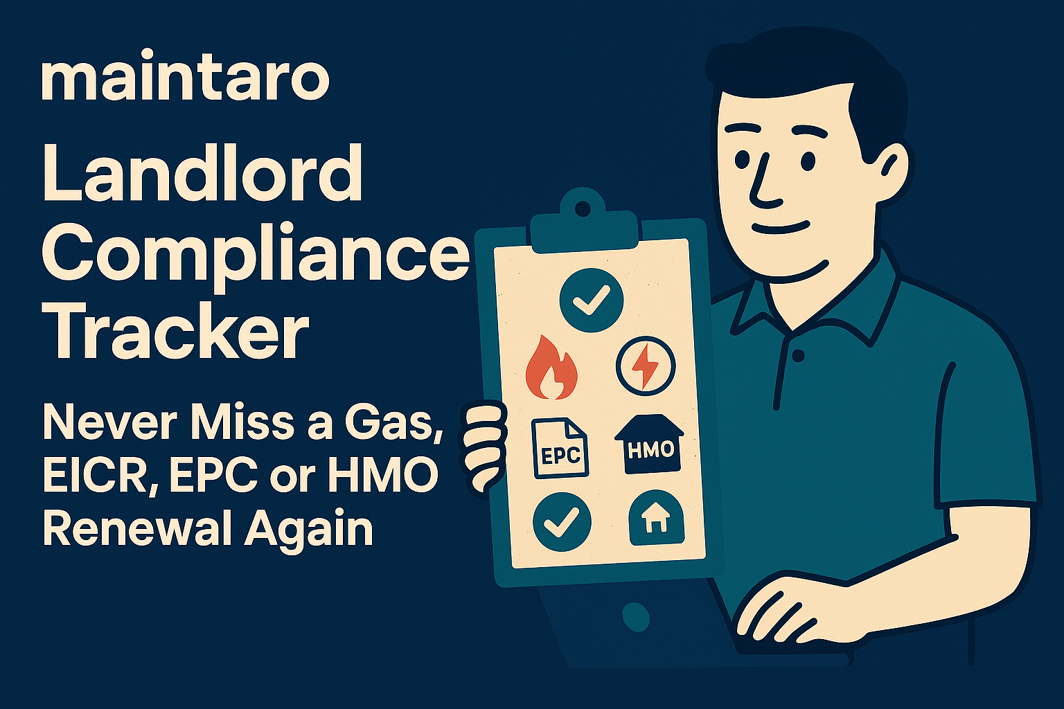 Dashboard-style illustration showing upcoming compliance deadlines for Gas, EICR, EPC and HMO licences