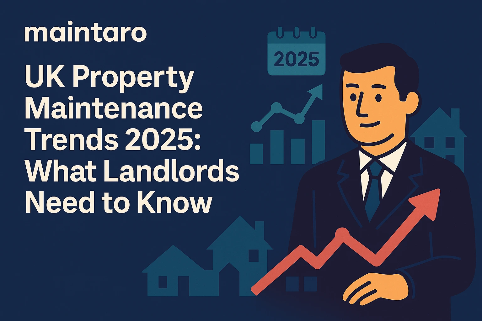 Illustration of a UK map with icons for green upgrades, digital tracking and smart devices showing maintenance trends